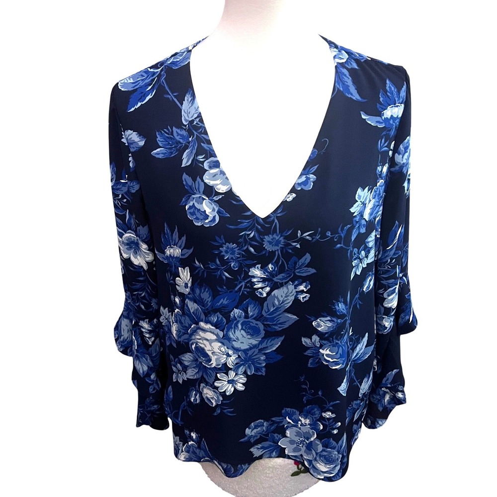 whisical Grace Blue Floral V-Neck Blouse Tiered Ruffle Sleeves Womens Medium
